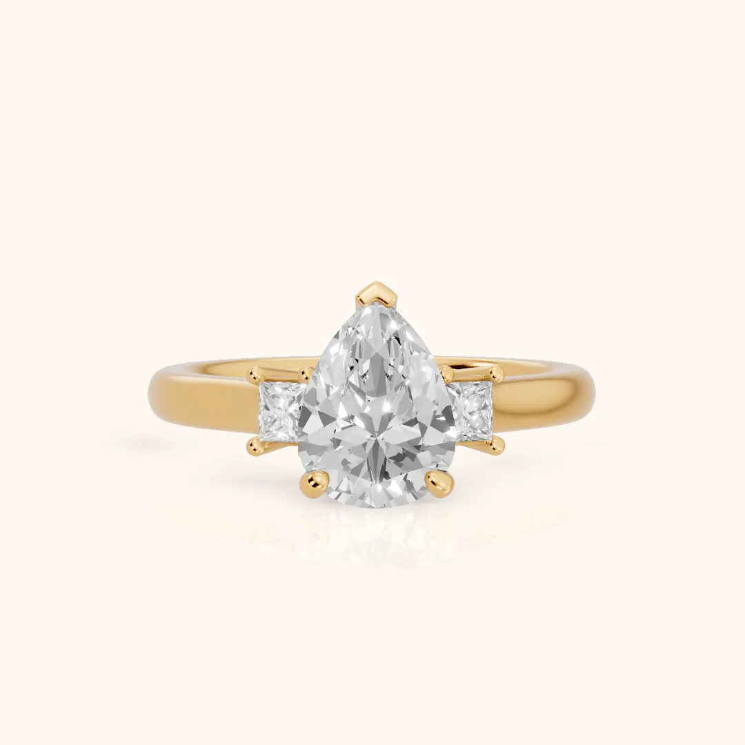 Brenna Three-Stone Pear Diamond Engagement Ring in Yellow Gold — view 2