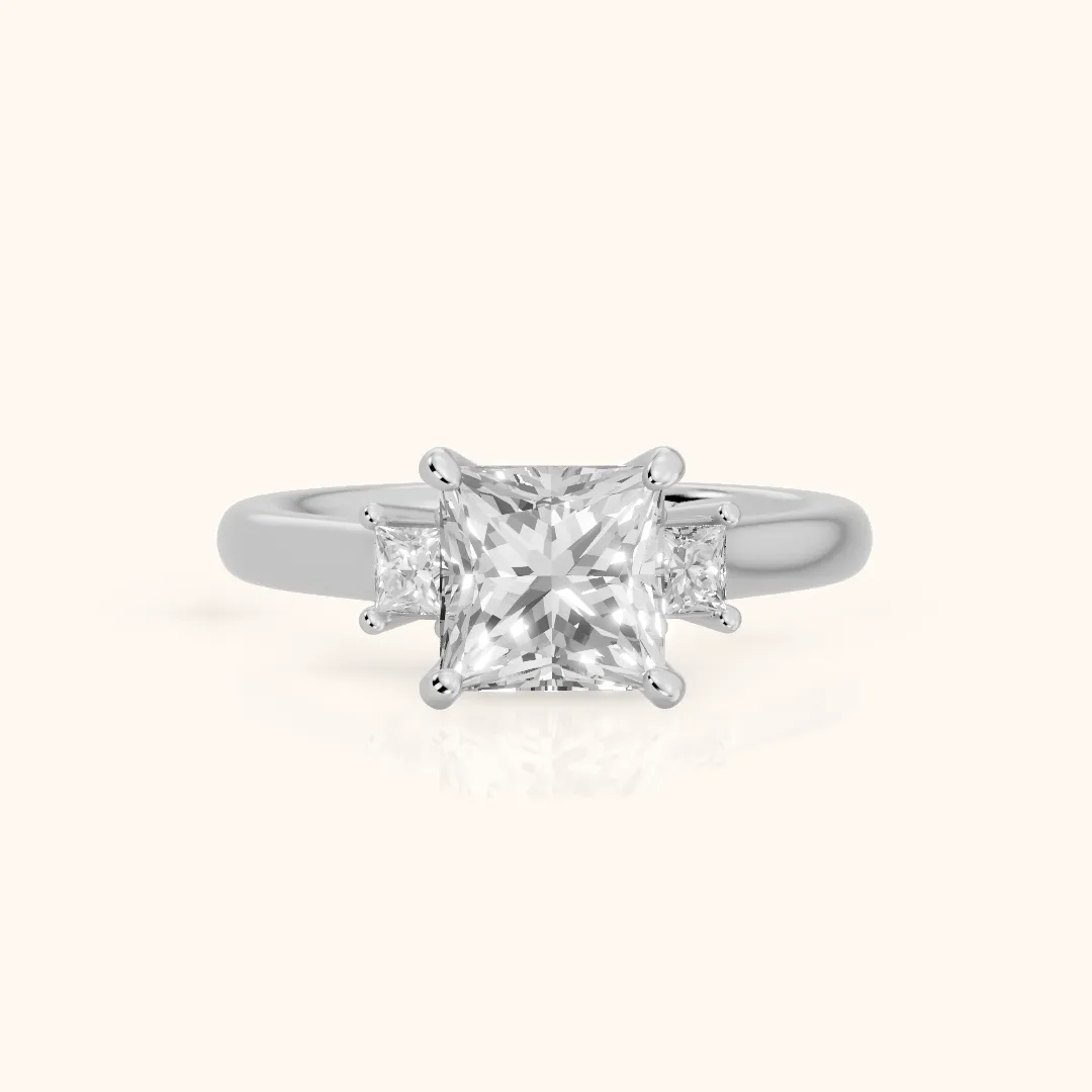 Brenna Three-Stone Princess Diamond Engagement Ring in White Gold — view 2