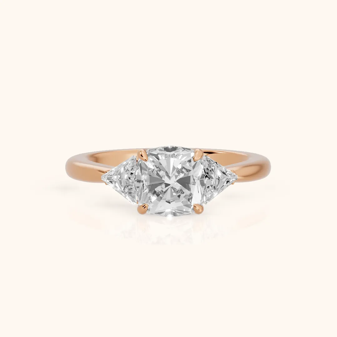 Clemency Three-Stone Cathedral Cushion Diamond Engagement Ring in Rose Gold — view 2