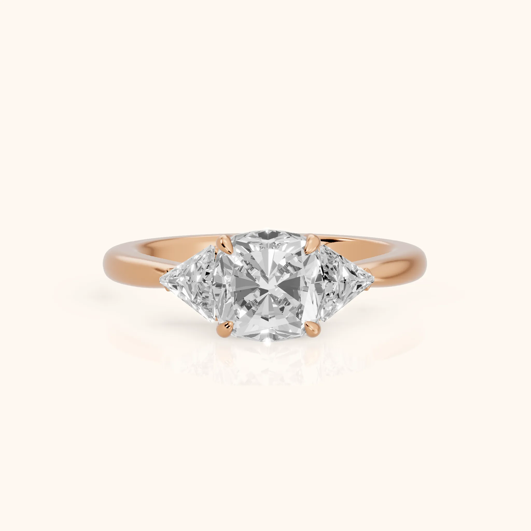 Clemency Three-Stone Cathedral Cushion Diamond Engagement Ring in Rose Gold — view 1