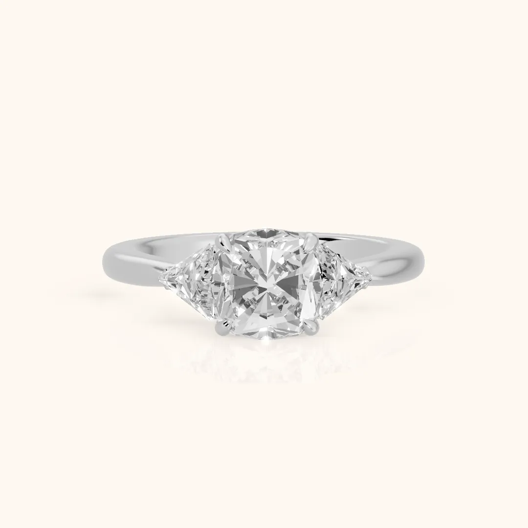Clemency Three-Stone Cathedral Cushion Diamond Engagement Ring in Platinum — view 2