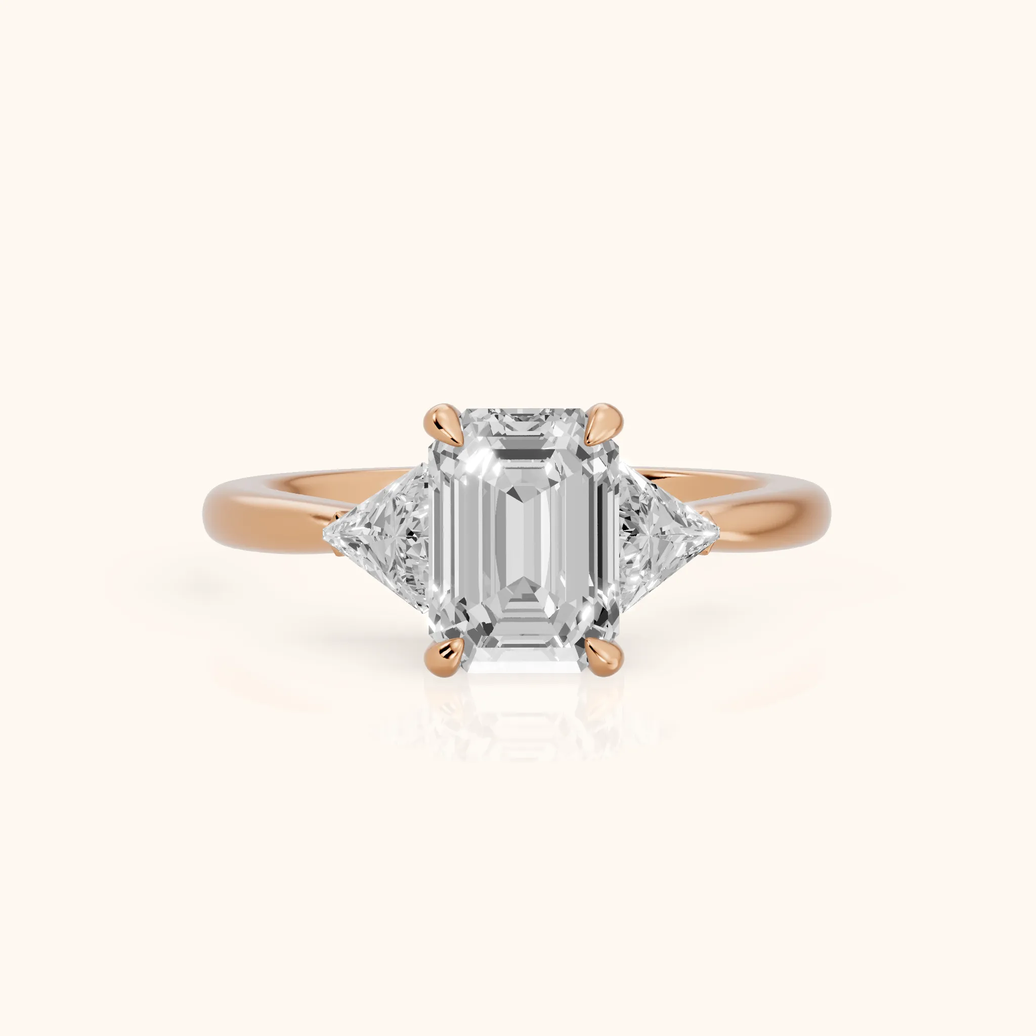 Clemency Three-Stone Cathedral Emerald Diamond Engagement Ring in Rose Gold — view 1