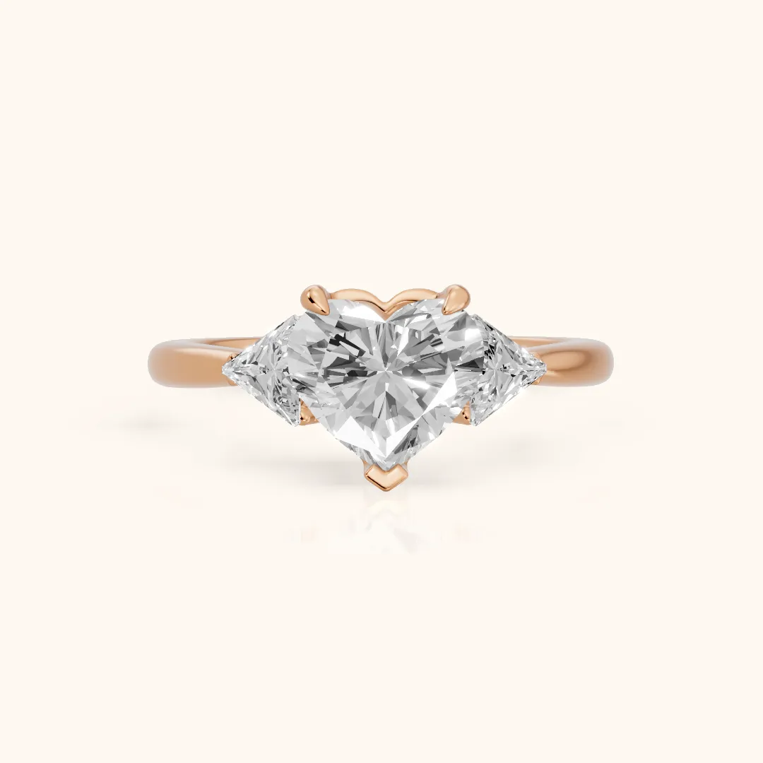 Clemency Three-Stone Cathedral Heart Diamond Engagement Ring in Rose Gold — view 2
