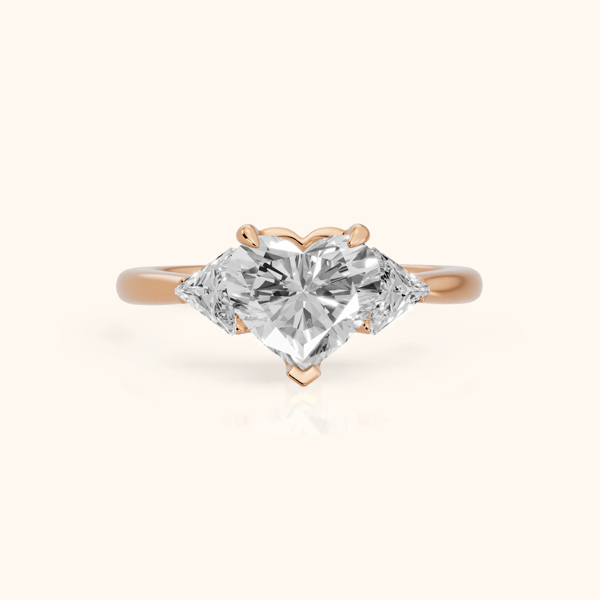 Clemency Three-Stone Cathedral Heart Diamond Engagement Ring in Rose Gold — view 1