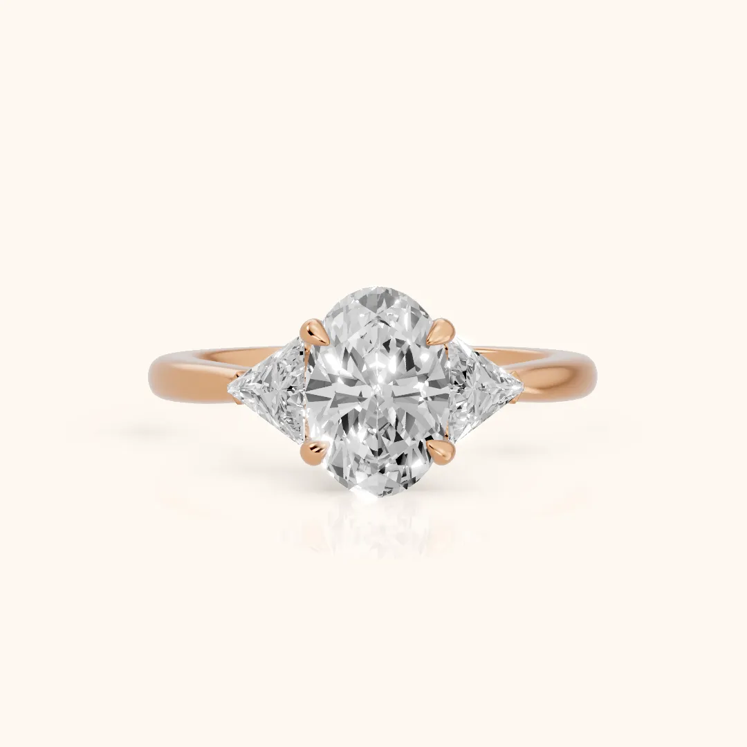 Clemency Three-Stone Cathedral Oval Diamond Engagement Ring in Rose Gold — view 2