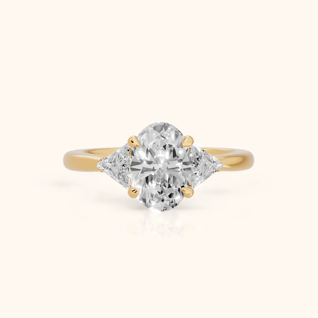 Clemency Three-Stone Cathedral Oval Diamond Engagement Ring in Yellow Gold — view 2