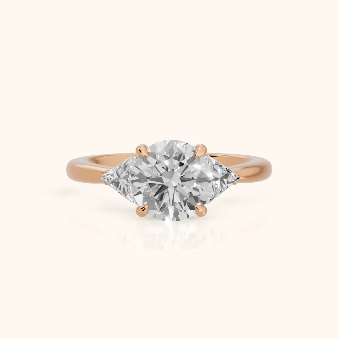 Clemency Three-Stone Cathedral Round Diamond Engagement Ring in Rose Gold — view 2