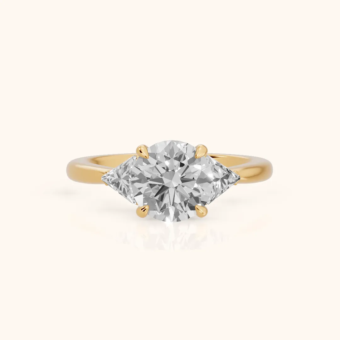 Clemency Three-Stone Cathedral Round Diamond Engagement Ring in Yellow Gold — view 2