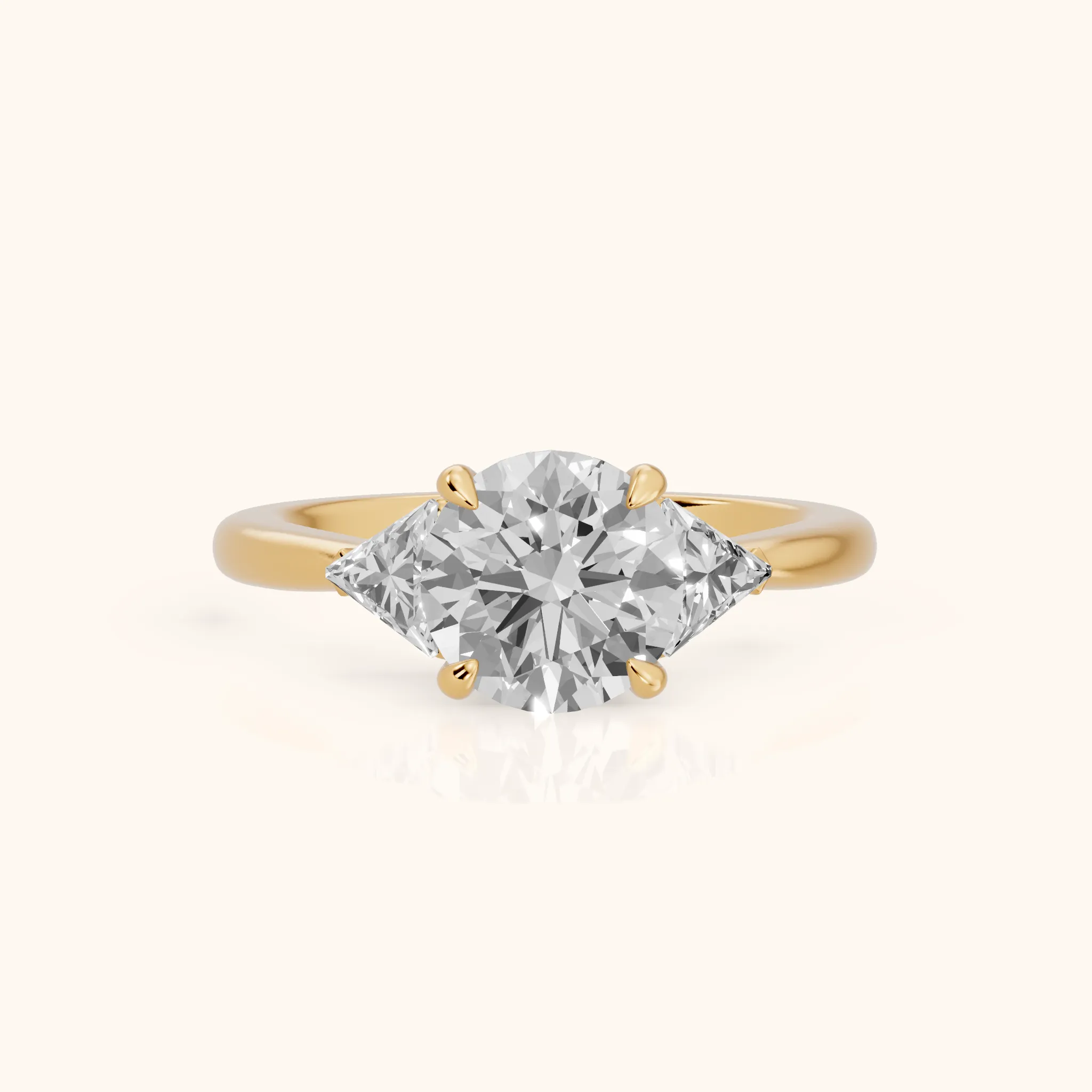 Clemency Three-Stone Cathedral Round Diamond Engagement Ring in Yellow Gold — view 1
