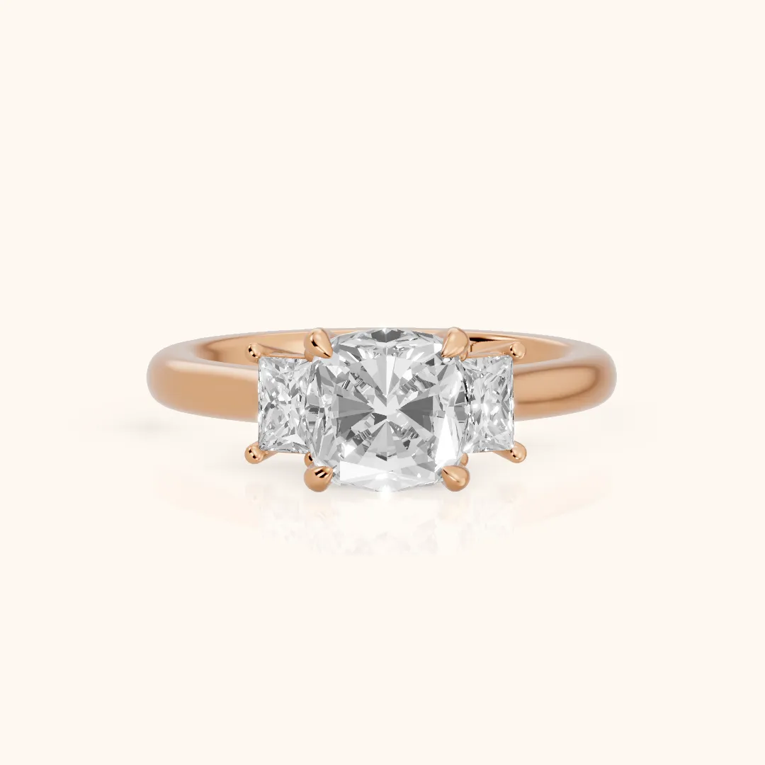 Cosette Statement Three-Stone Cushion Diamond Engagement Ring in Rose Gold — view 2