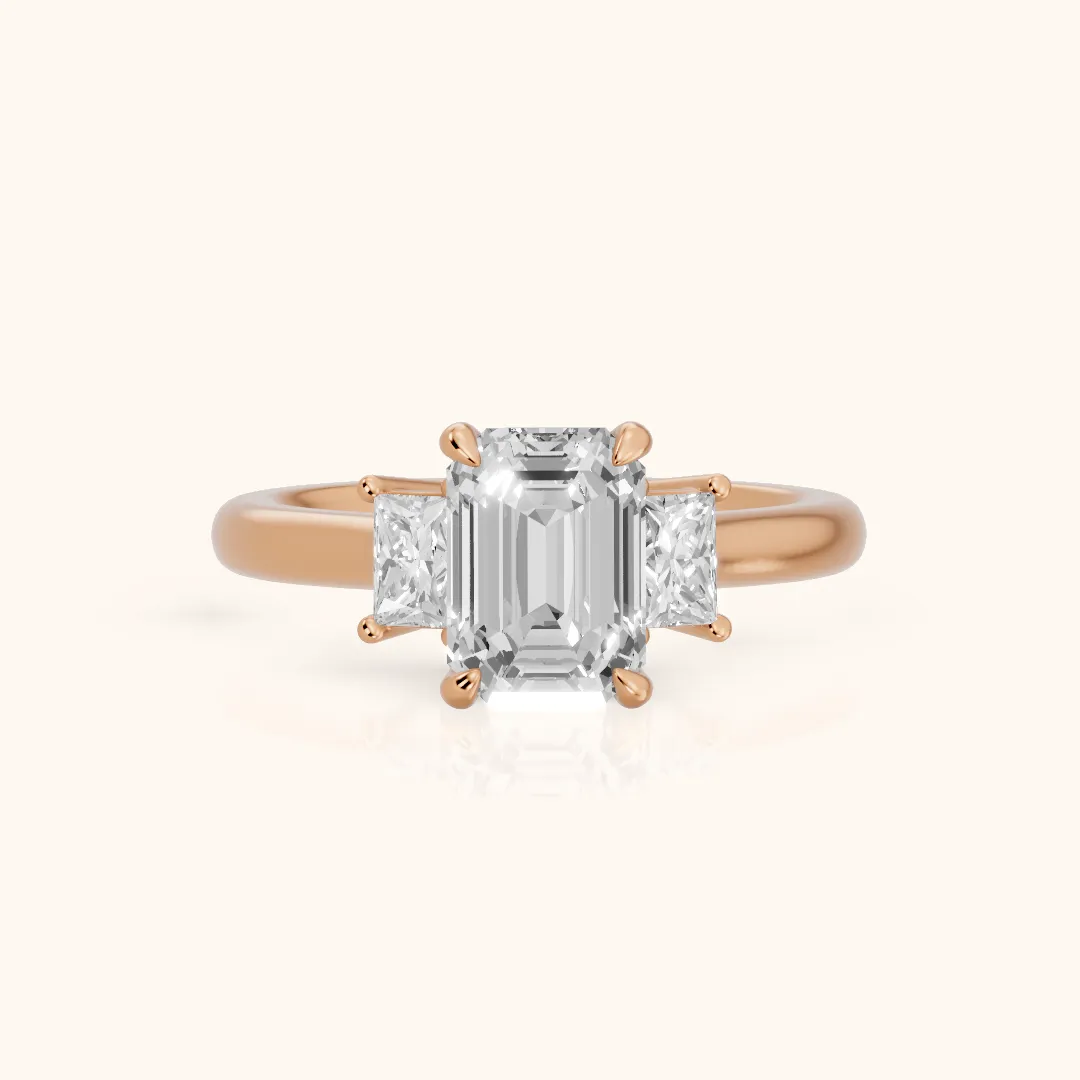 Cosette Statement Three-Stone Emerald Diamond Engagement Ring in Rose Gold — view 2