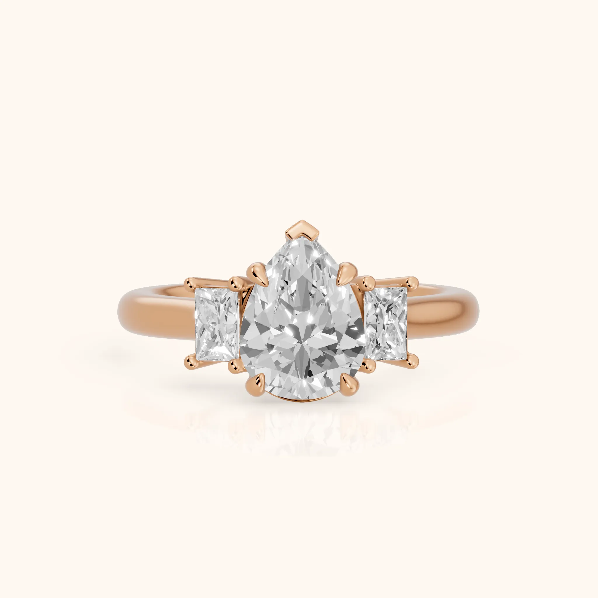 Cosette Statement Three-Stone Pear Diamond Engagement Ring in Rose Gold — view 1