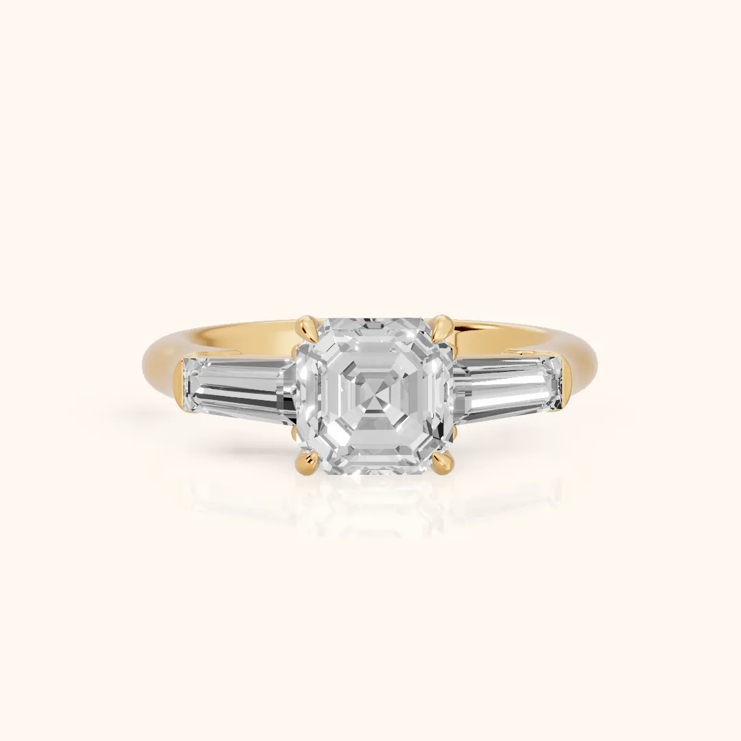 Davina Baguette Three-Stone Asscher Diamond Engagement Ring in Yellow Gold — view 2