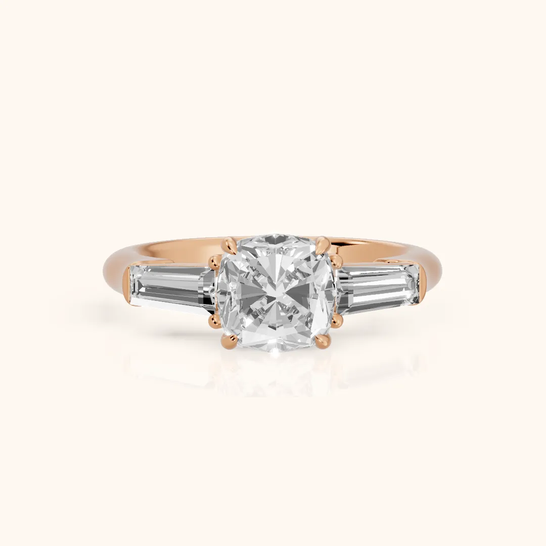 Davina Baguette Three-Stone Cushion Diamond Engagement Ring in Rose Gold — view 2
