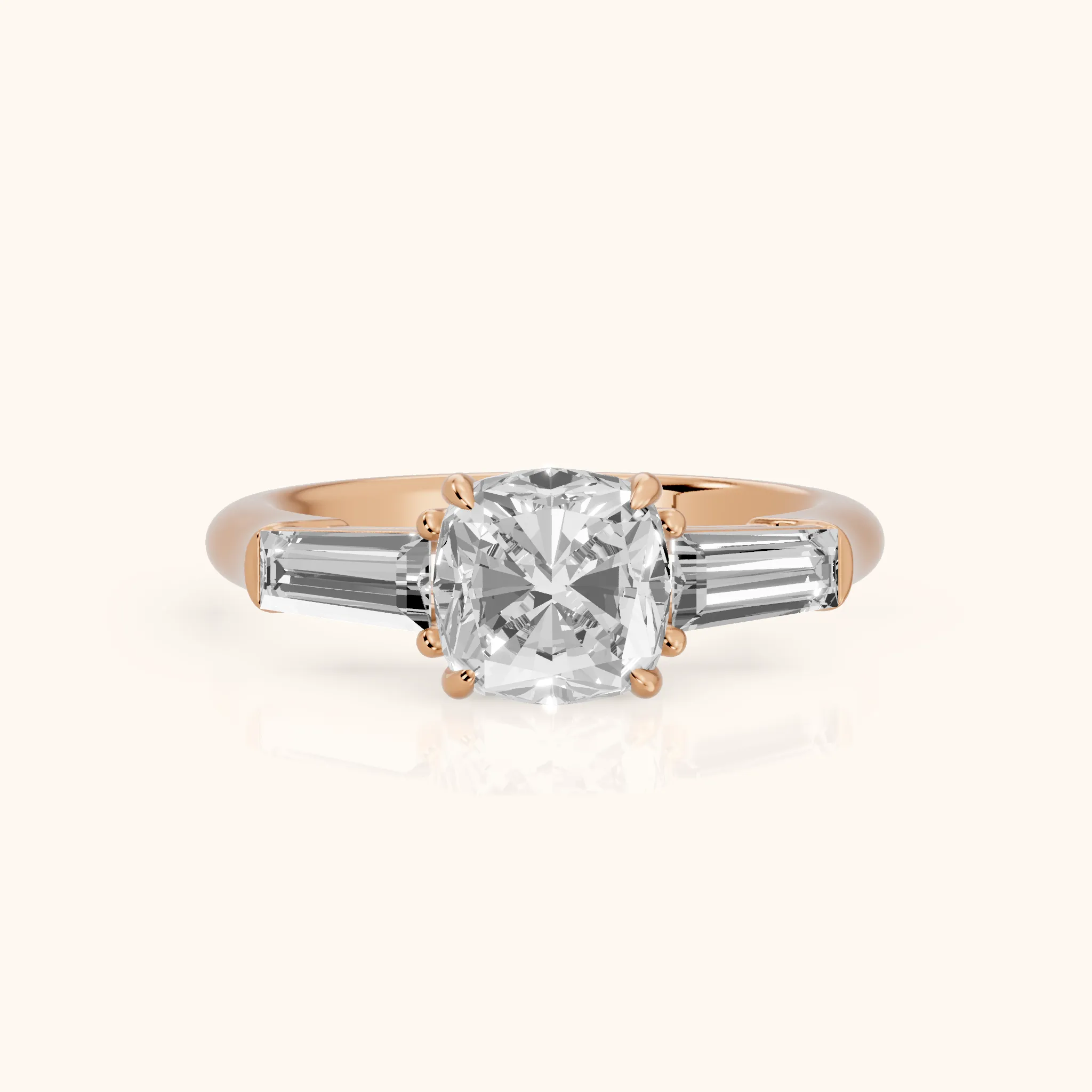 Davina Baguette Three-Stone Cushion Diamond Engagement Ring in Rose Gold — view 1