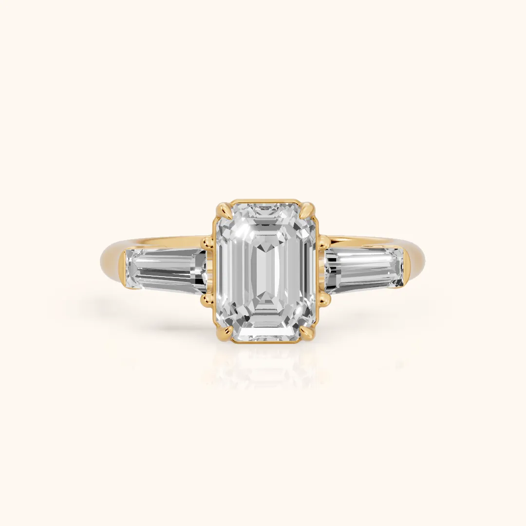 Davina Baguette Three-Stone Emerald Diamond Engagement Ring in Yellow Gold — view 2