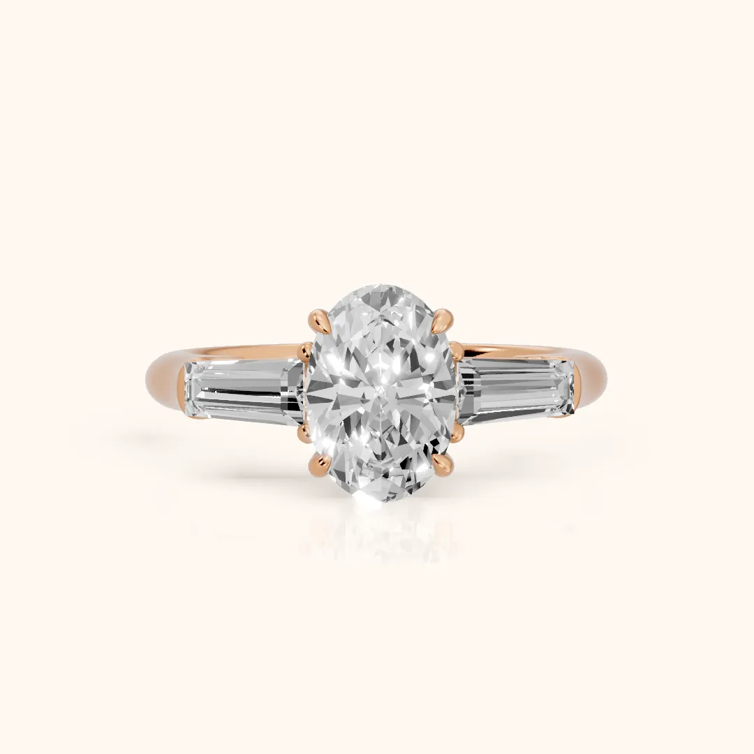Davina Baguette Three-Stone Oval Diamond Engagement Ring in Rose Gold — view 2