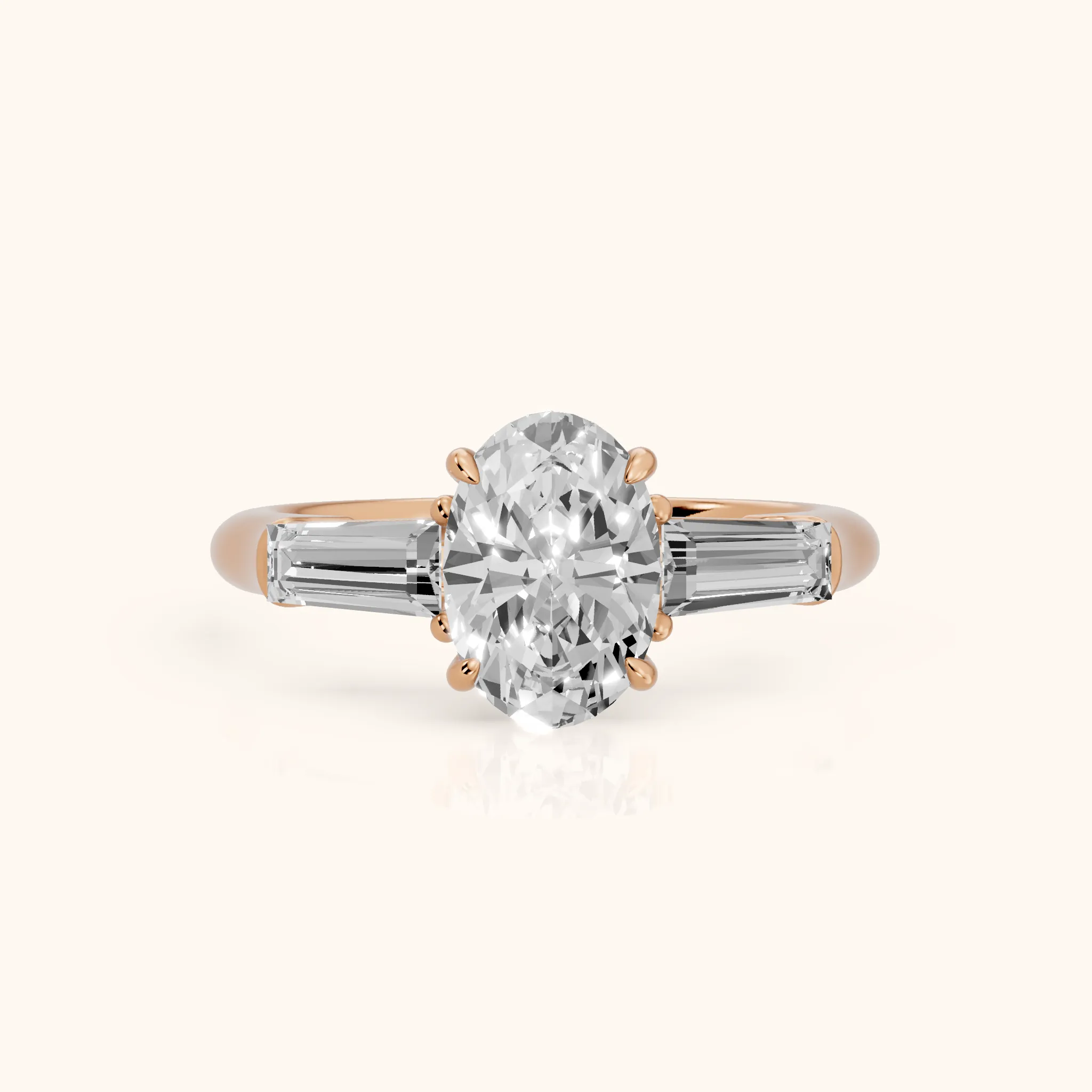 Davina Baguette Three-Stone Oval Diamond Engagement Ring in Rose Gold — view 1
