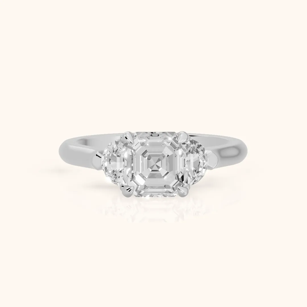 Elia Half-Moon Three-Stone Asscher Diamond Engagement Ring in White Gold — view 2
