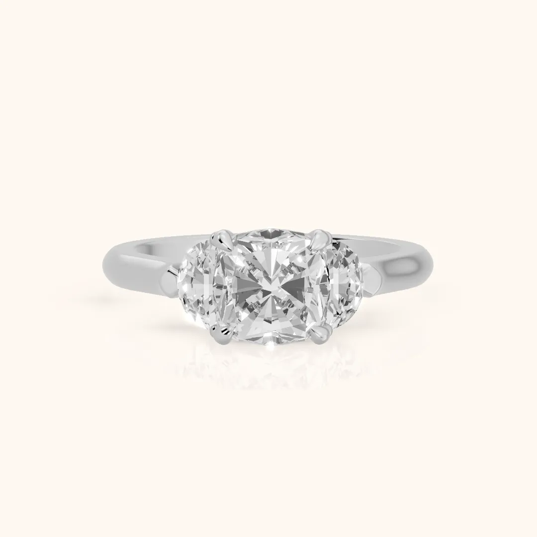 Elia Half-Moon Three-Stone Cushion Diamond Engagement Ring in Platinum — view 2
