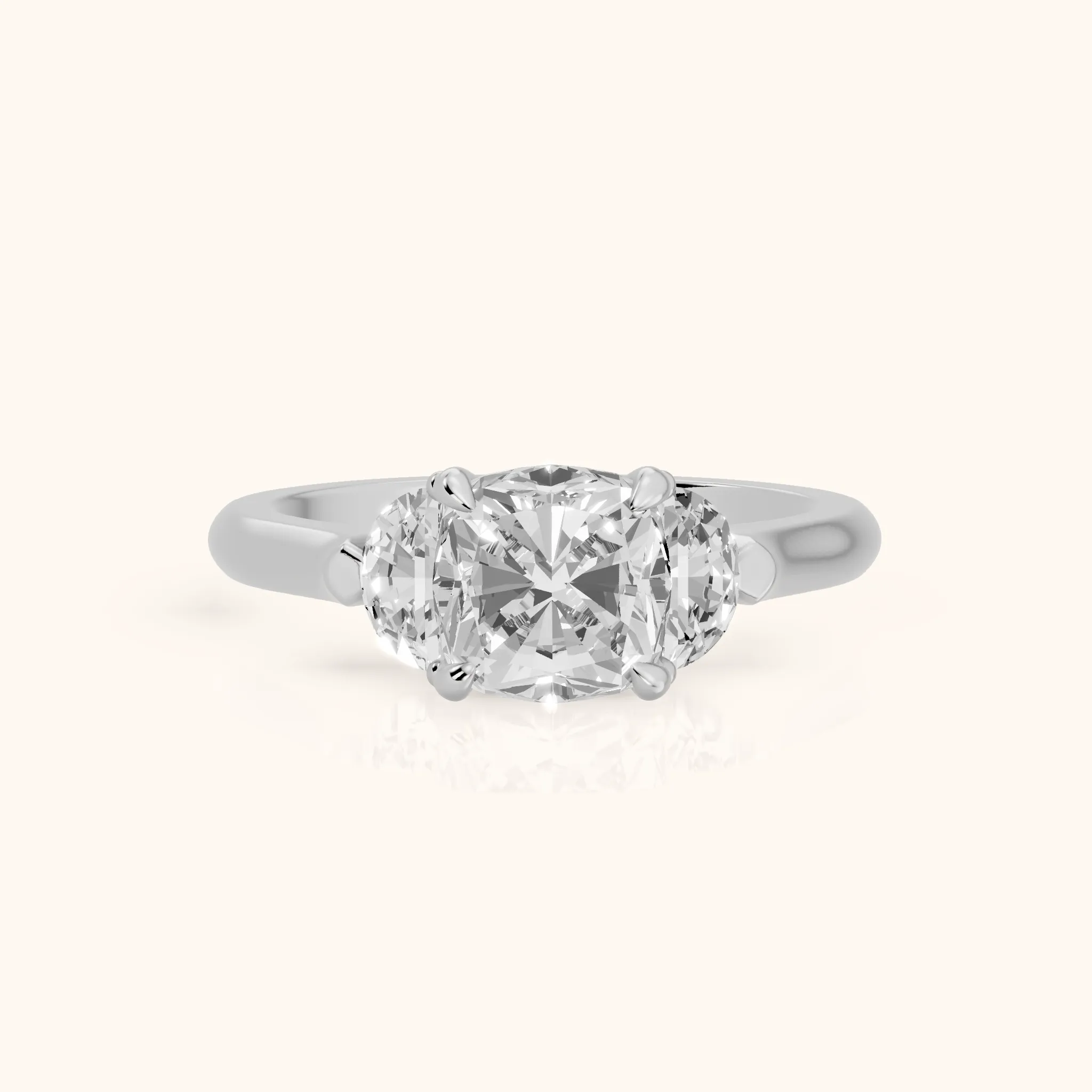 Elia Half-Moon Three-Stone Cushion Diamond Engagement Ring in Platinum — view 1