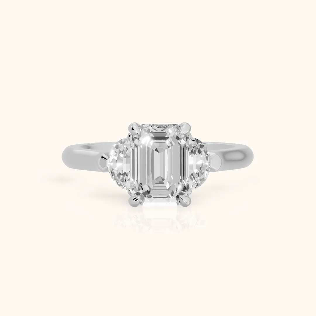 Elia Half-Moon Three-Stone Emerald Diamond Engagement Ring in White Gold — view 2