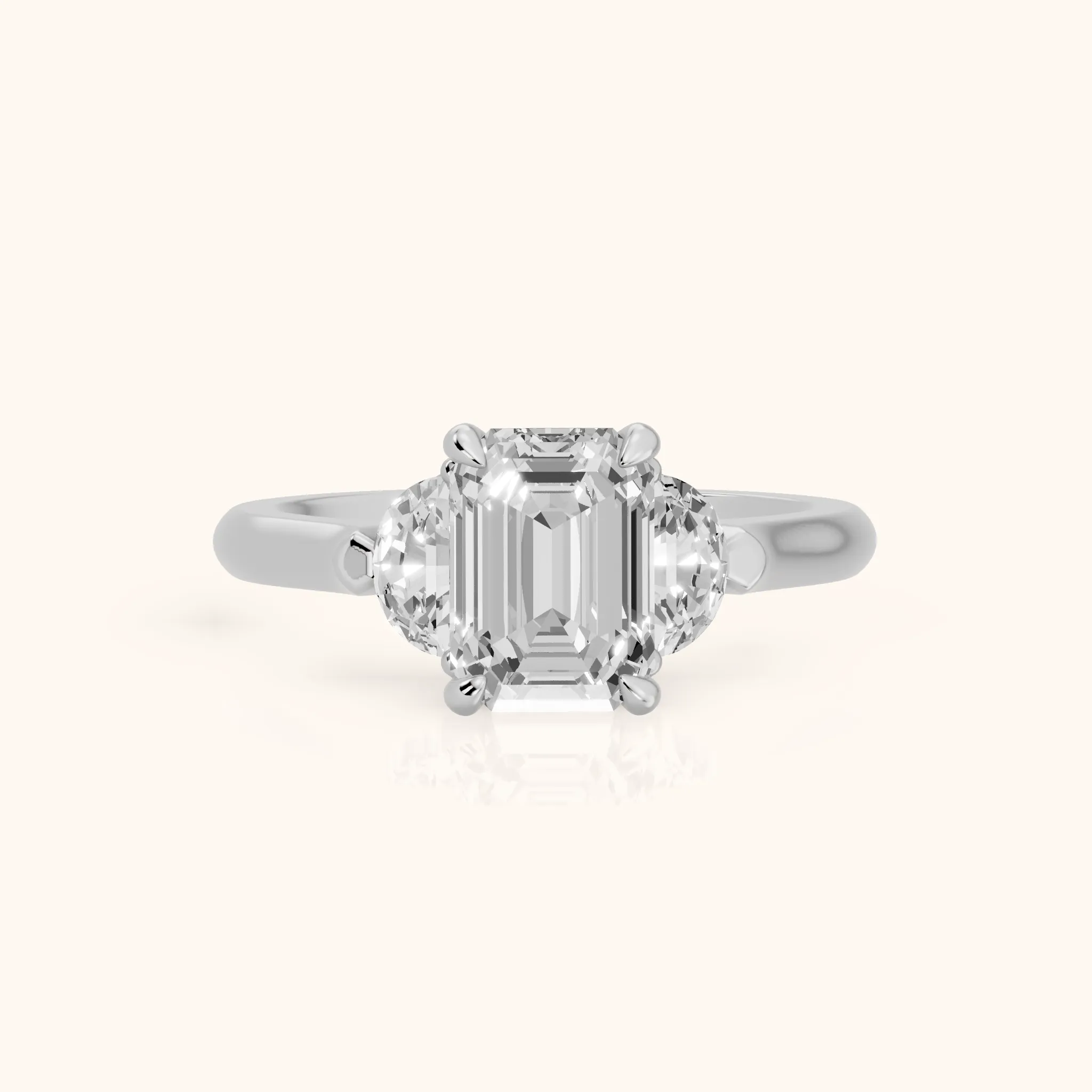 Elia Half-Moon Three-Stone Emerald Diamond Engagement Ring in White Gold — view 1