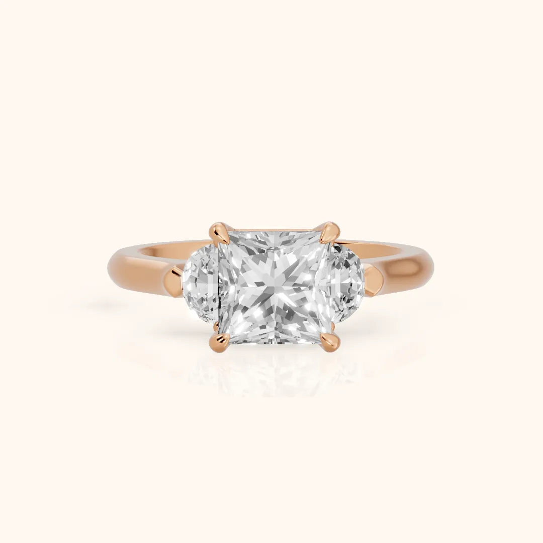 Elia Half-Moon Three-Stone Princess Diamond Engagement Ring in Rose Gold — view 2