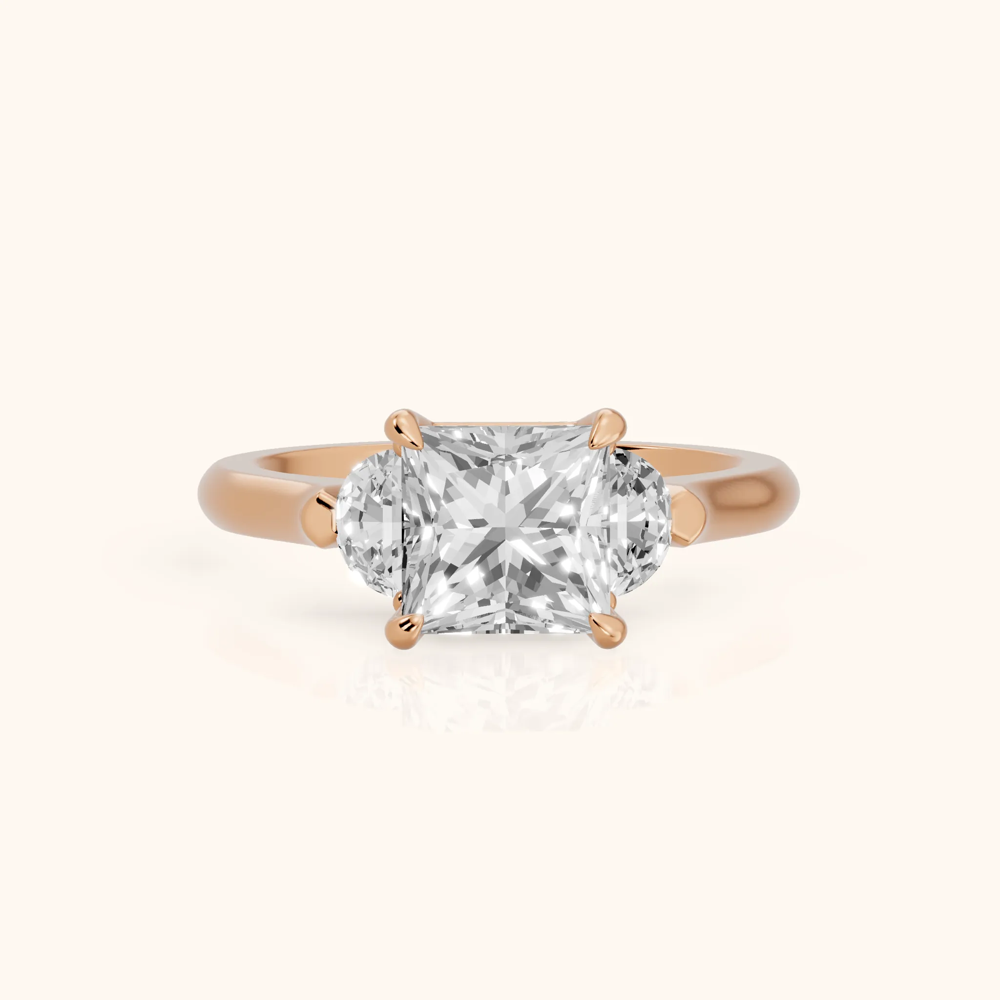 Elia Half-Moon Three-Stone Princess Diamond Engagement Ring in Rose Gold — view 1