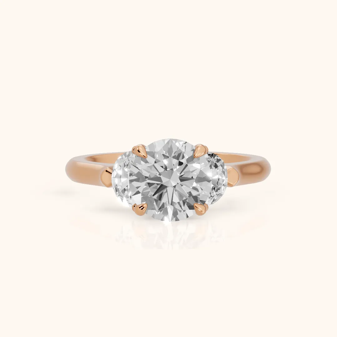 Elia Half-Moon Three-Stone Round Diamond Engagement Ring in Rose Gold — view 2