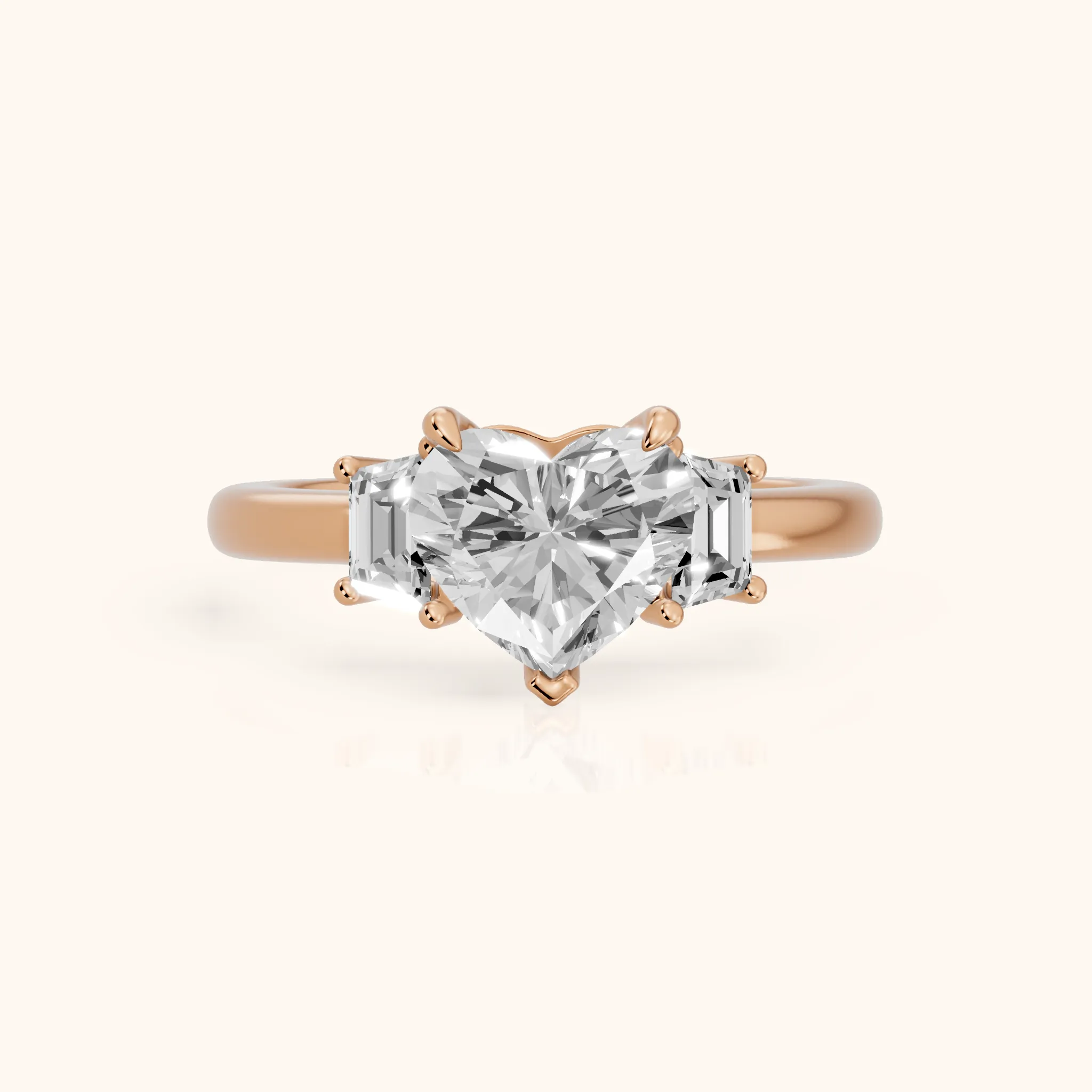 Federica Trapezoid Three-Stone Heart Diamond Engagement Ring in Rose Gold — view 1