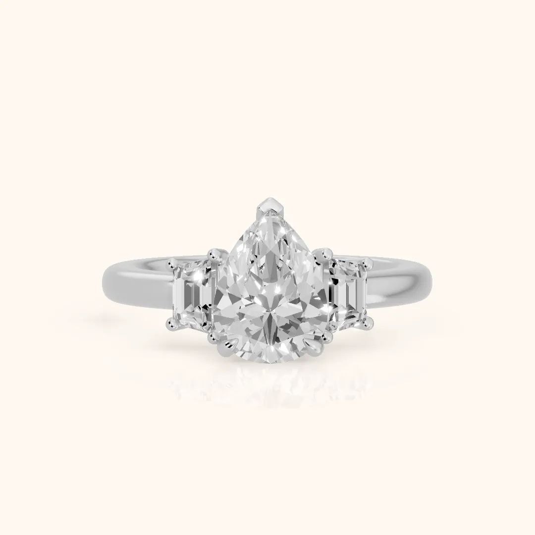 Federica Trapezoid Three-Stone Pear Diamond Engagement Ring in White Gold — view 2