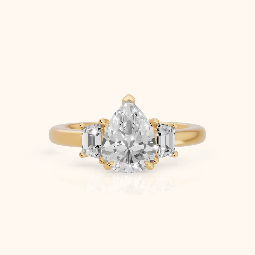 Federica Trapezoid Three-Stone Pear Diamond Engagement Ring in Yellow Gold — view 2