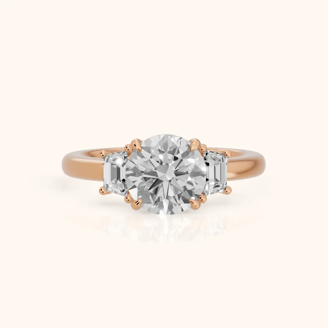 Federica Trapezoid Three-Stone Round Diamond Engagement Ring in Rose Gold — view 2