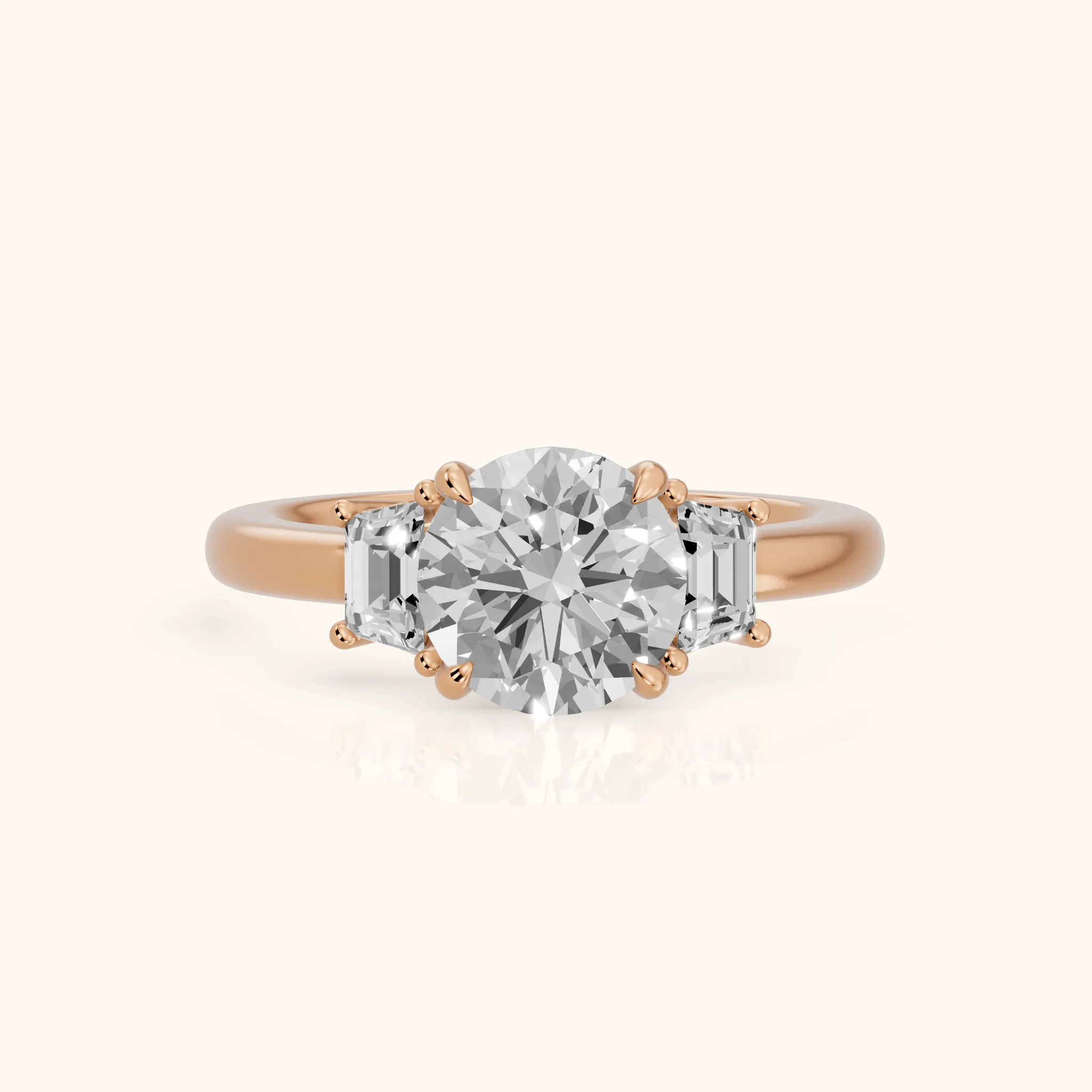 Federica Trapezoid Three-Stone Round Diamond Engagement Ring in Rose Gold — view 1