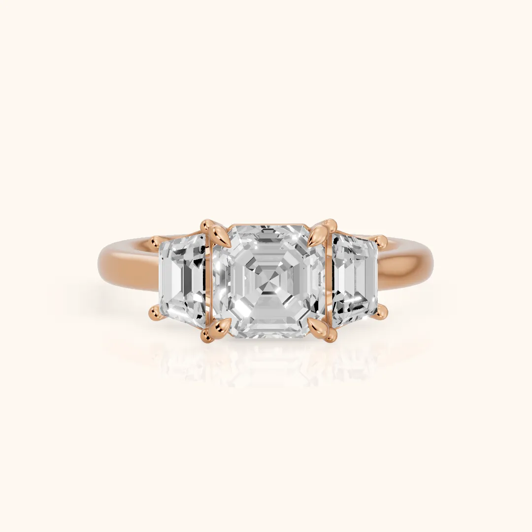 Filippa Trapezoid Three-Stone Asscher Diamond Engagement Ring in Rose Gold — view 2