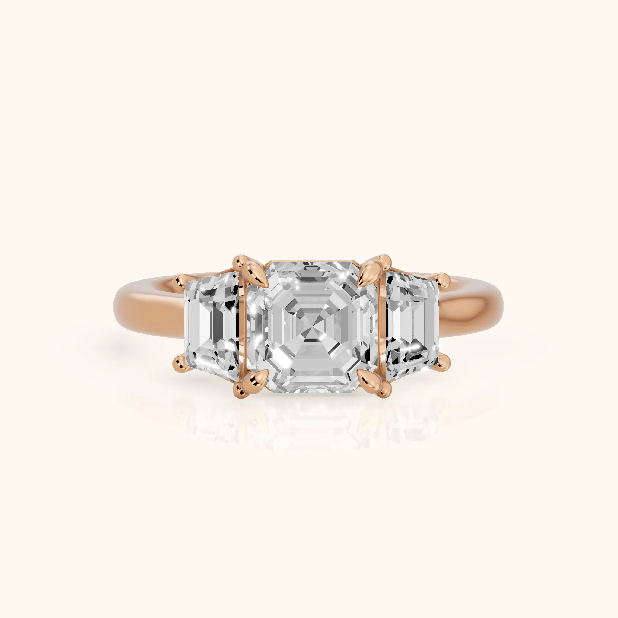 Filippa Trapezoid Three-Stone Asscher Diamond Engagement Ring in Rose Gold — view 1