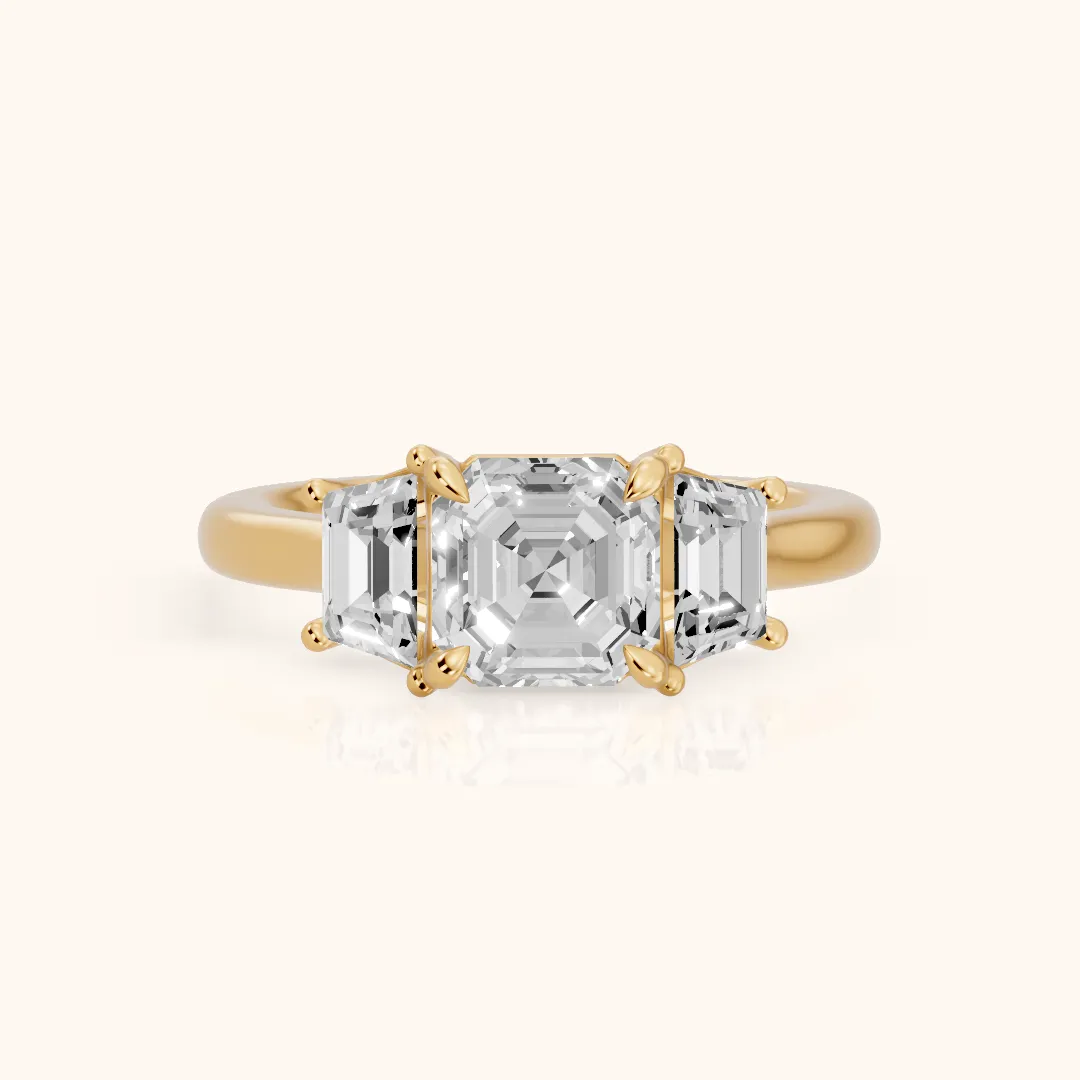Filippa Trapezoid Three-Stone Asscher Diamond Engagement Ring in Yellow Gold — view 2