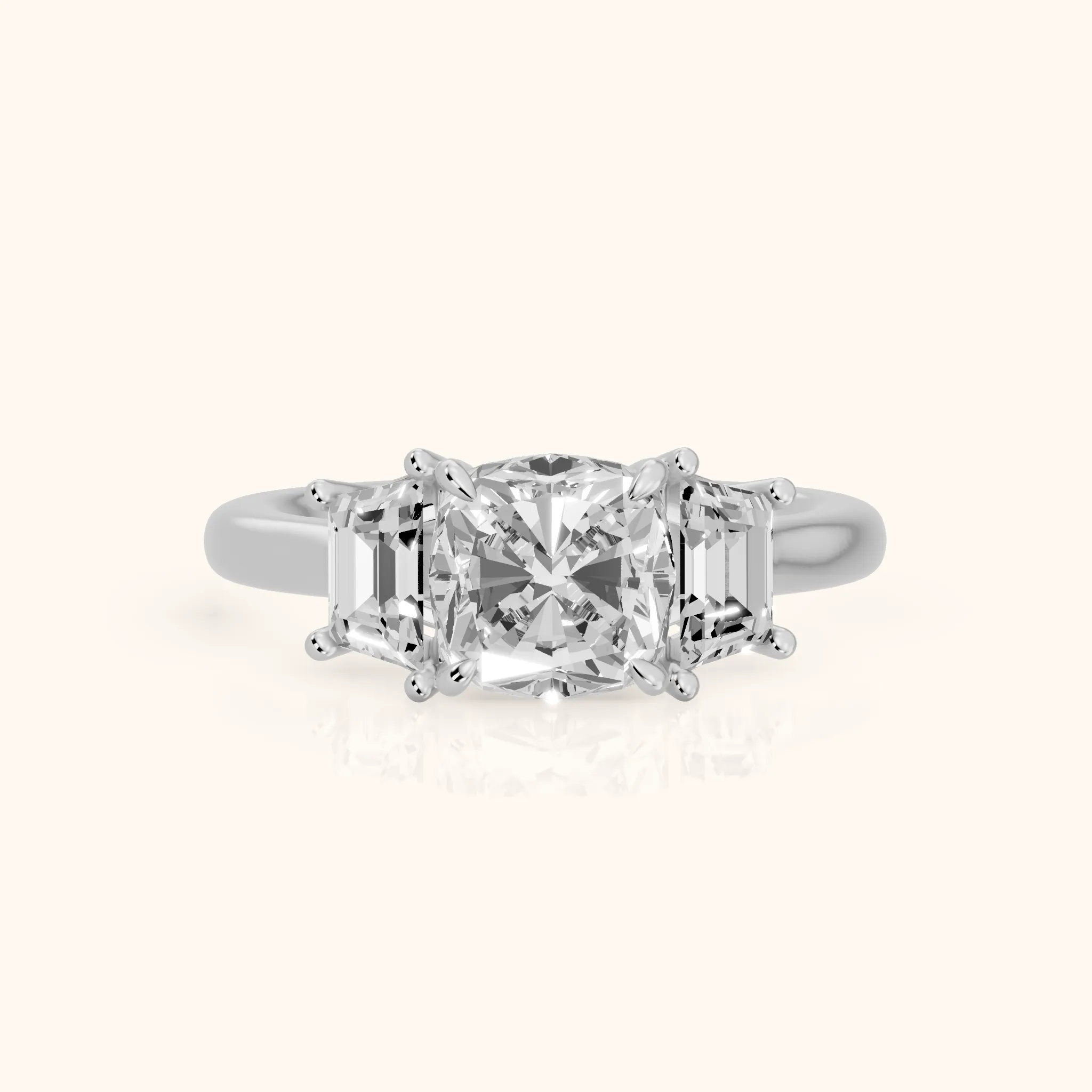 Filippa Trapezoid Three-Stone Cushion Diamond Engagement Ring in Platinum — view 1