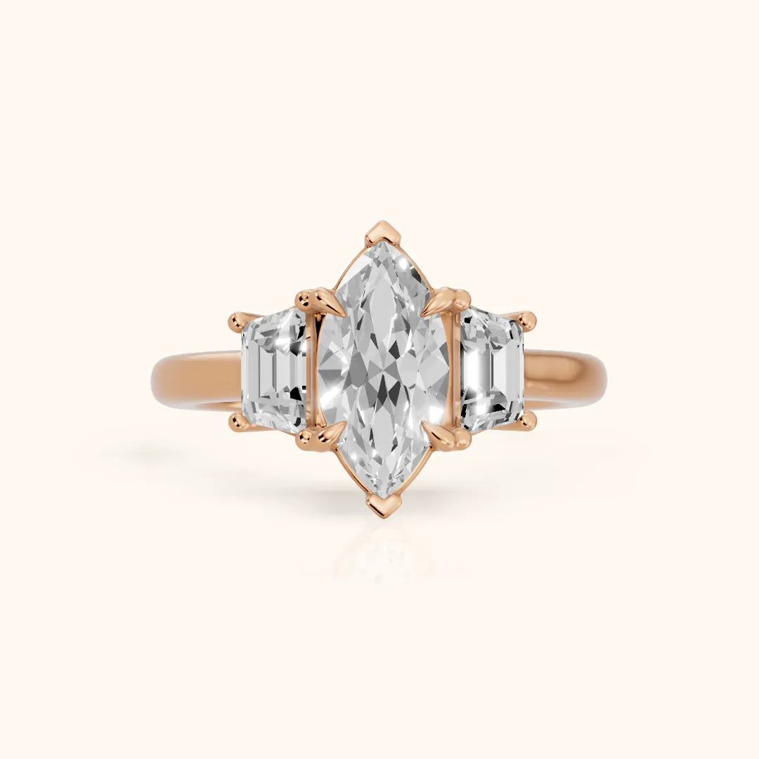 Filippa Trapezoid Three-Stone Marquise Diamond Engagement Ring in Rose Gold — view 2