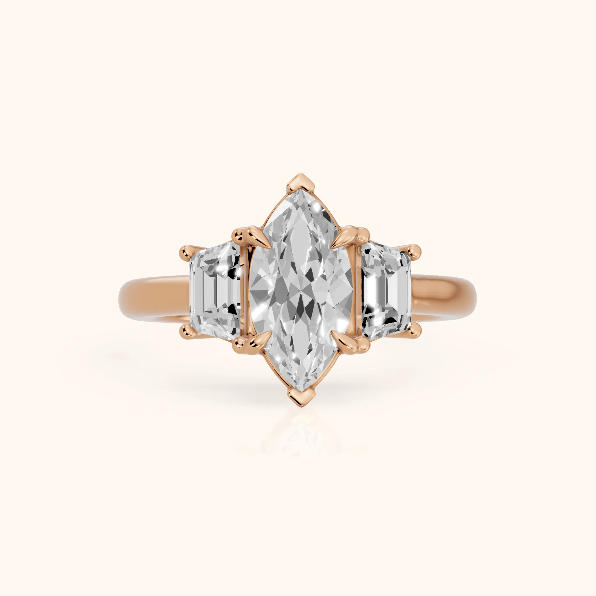 Filippa Trapezoid Three-Stone Marquise Diamond Engagement Ring in Rose Gold — view 1