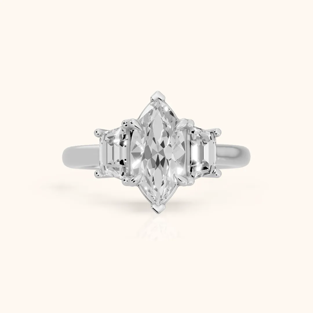 Filippa Trapezoid Three-Stone Marquise Diamond Engagement Ring in Platinum — view 2