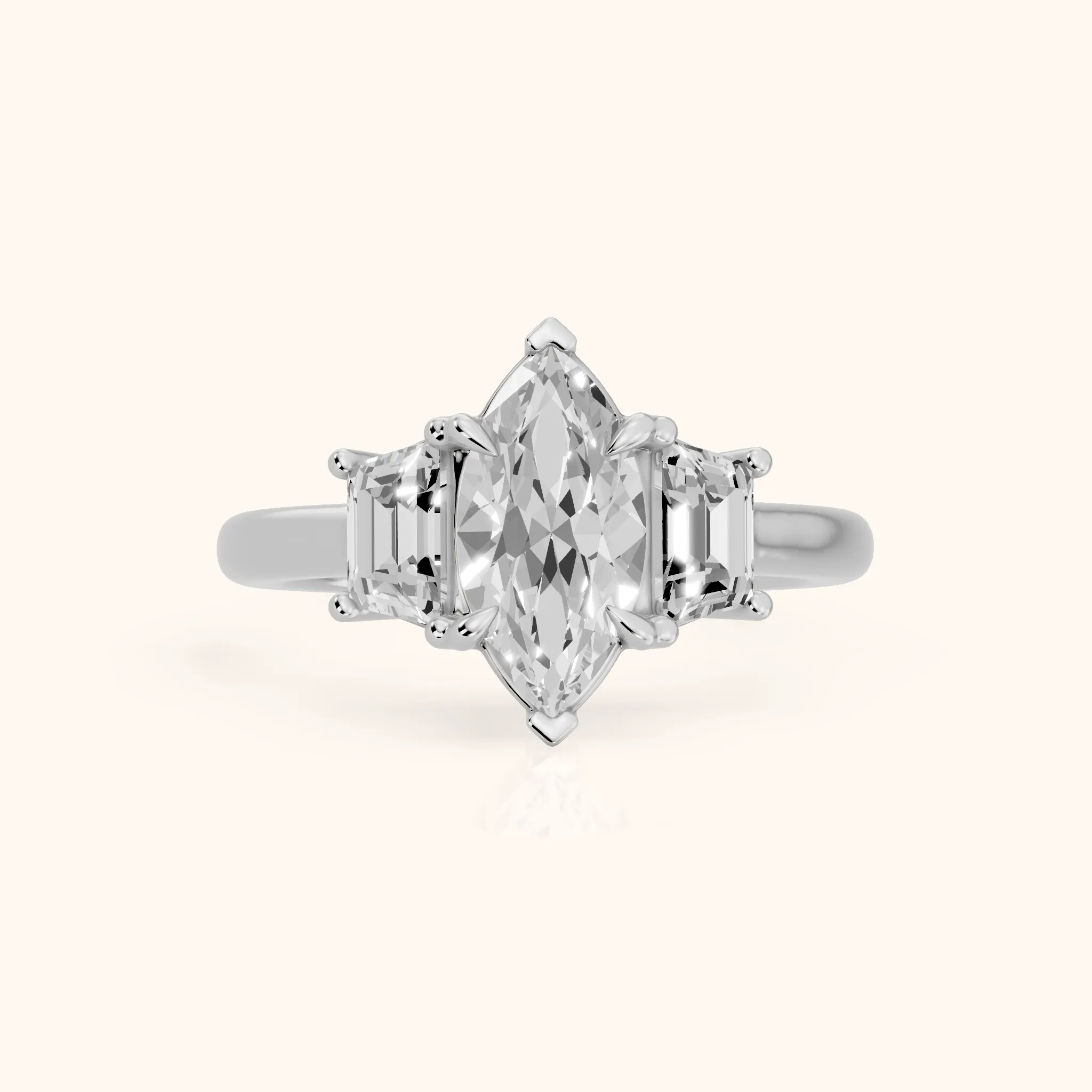 Filippa Trapezoid Three-Stone Marquise Diamond Engagement Ring in Platinum — view 1