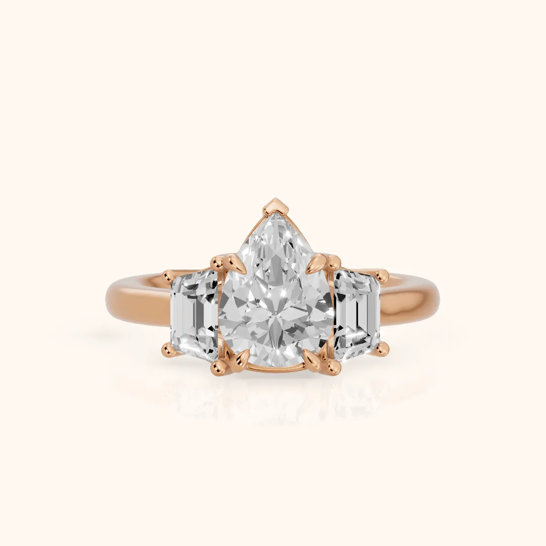Filippa Trapezoid Three-Stone Pear Diamond Engagement Ring in Rose Gold — view 2