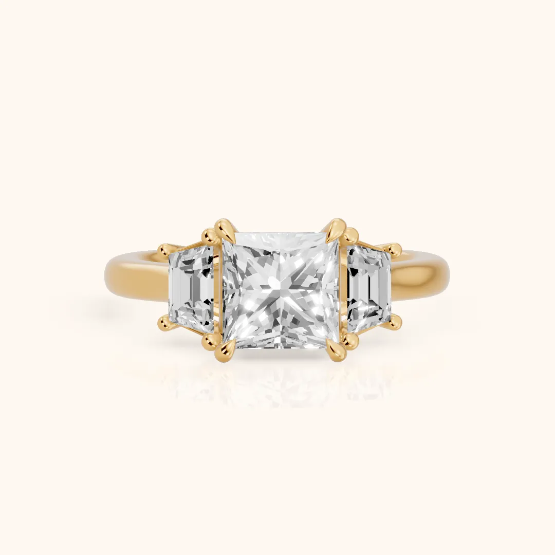 Filippa Trapezoid Three-Stone Princess Diamond Engagement Ring in Yellow Gold — view 2
