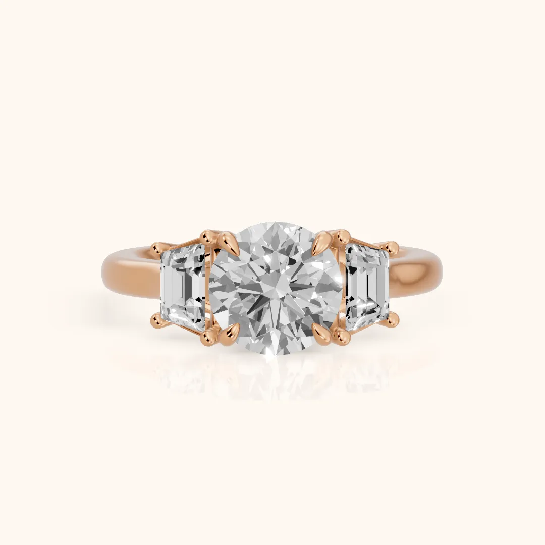 Filippa Trapezoid Three-Stone Round Diamond Engagement Ring in Rose Gold — view 2