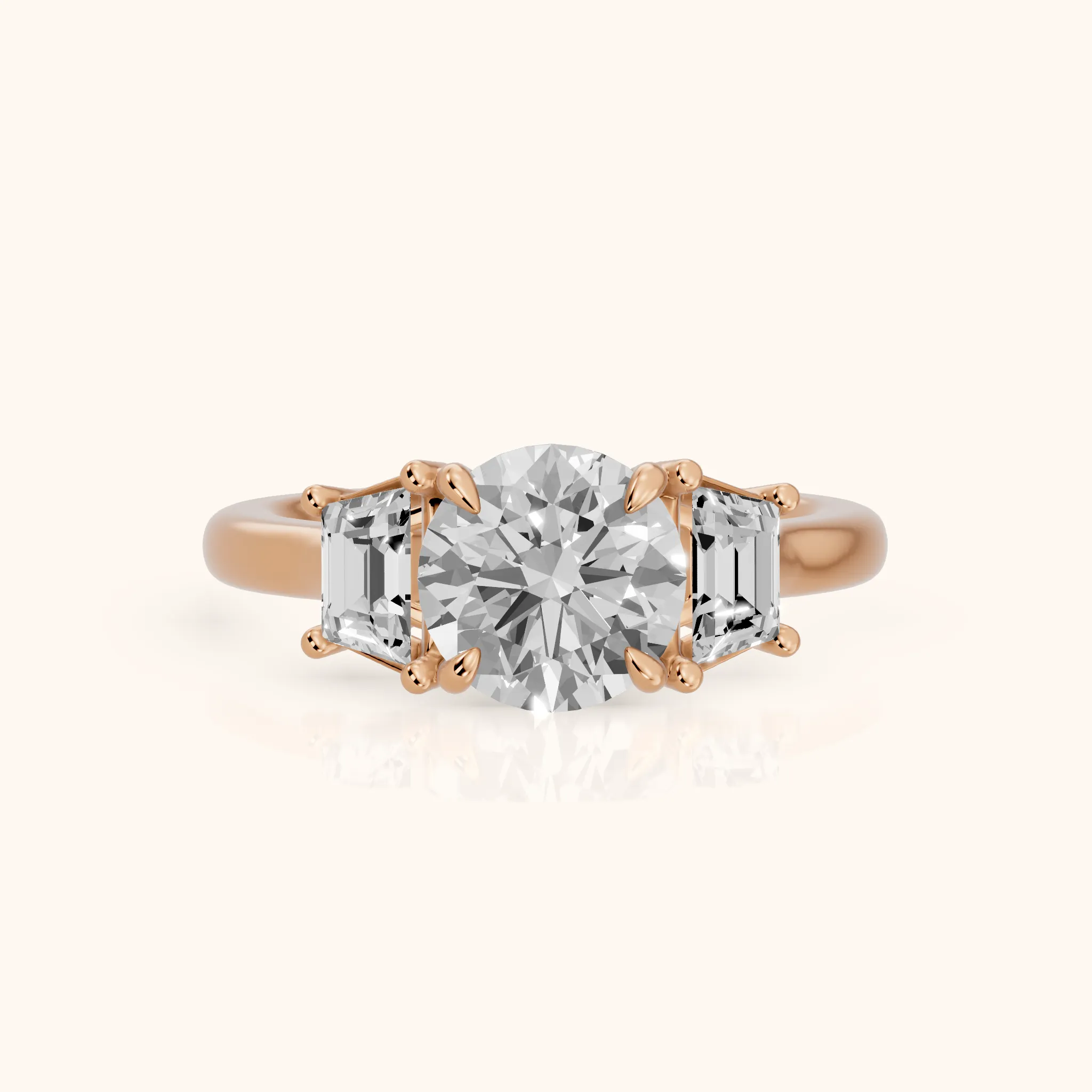 Filippa Trapezoid Three-Stone Round Diamond Engagement Ring in Rose Gold — view 1