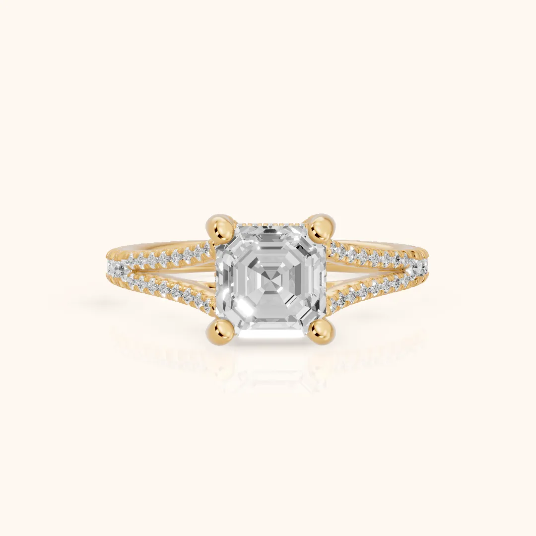 Giovanna Hidden Halo Split Shank Asscher Diamond Engagement Ring in Yellow Gold — view 2