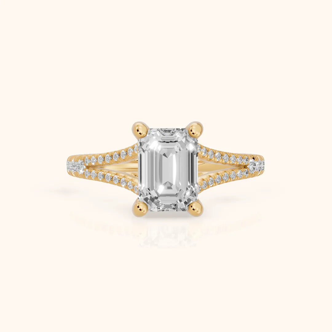 Giovanna Hidden Halo Split Shank Emerald Diamond Engagement Ring in Yellow Gold — view 2