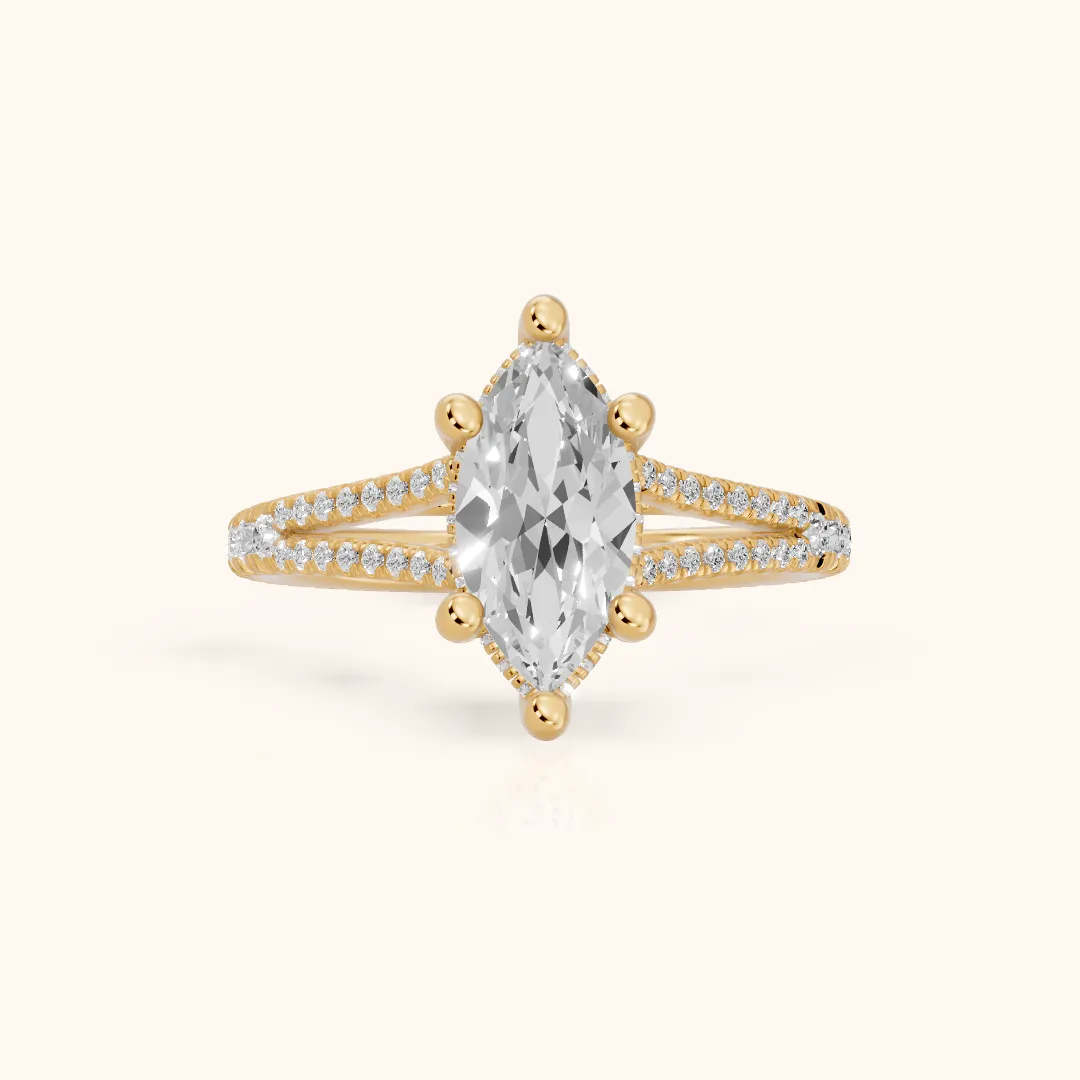 Giovanna Hidden Halo Split Shank Marquise Diamond Engagement Ring in Yellow Gold — view 2